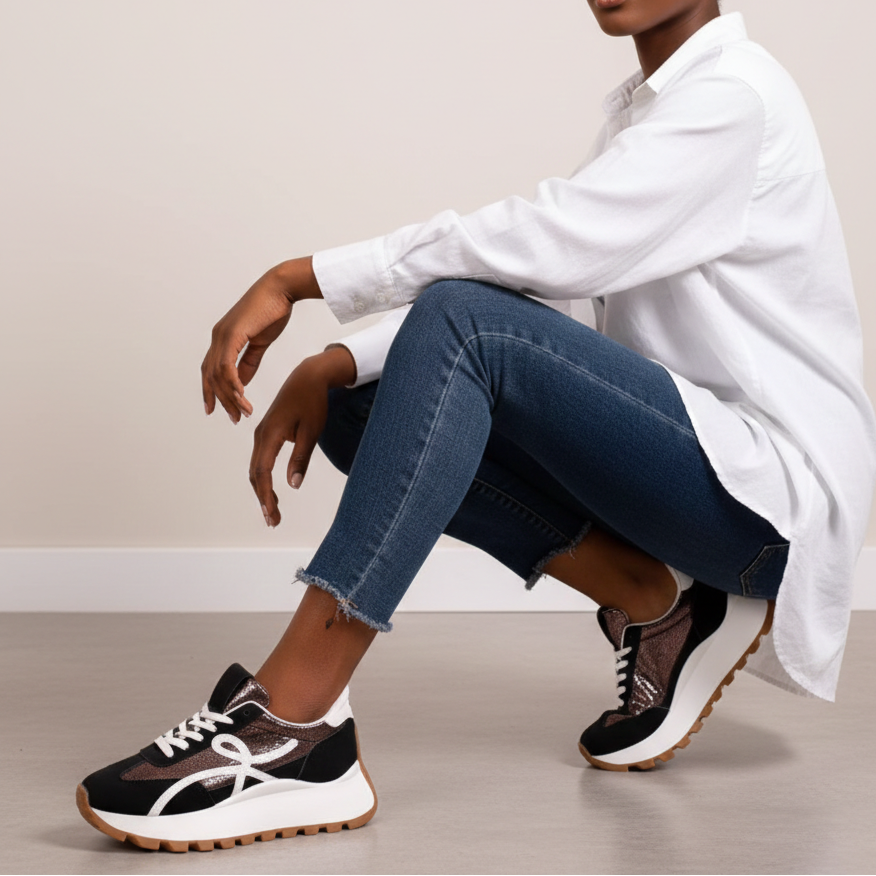 Baskets dorées avec détails marron et semelle épaisse